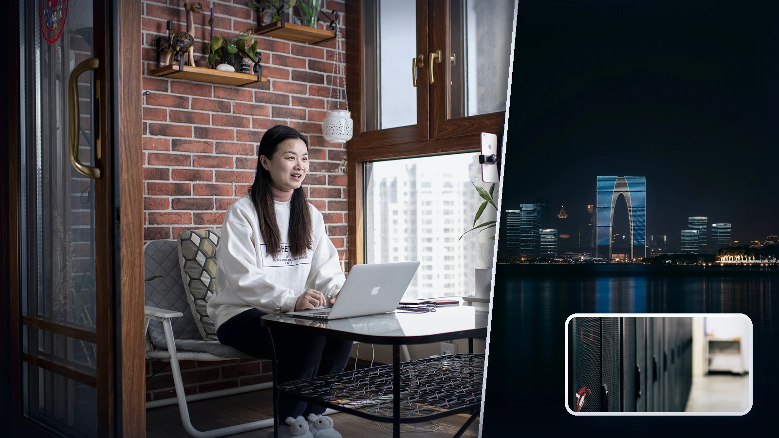 Editorial composite showing a woman working alone with a laptop and ring light in Wuhan, beside the Suzhou skyline and a server-rack inset.
