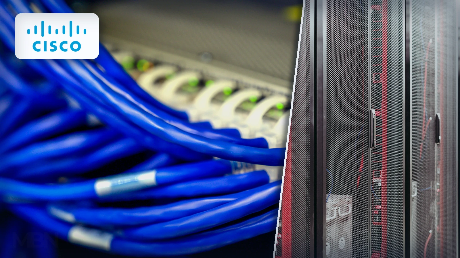 ditorial composite of blue Ethernet cables connected to a network switch beside data-centre server racks, with the Cisco logo