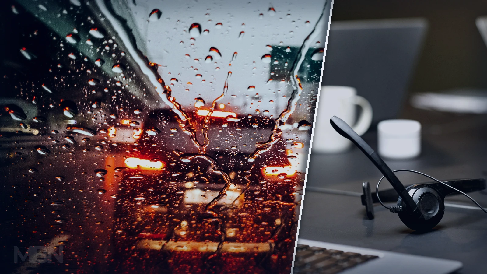 Editorial composite showing congested traffic through a rain-covered windshield beside an office desk and headset, representing research on commute demands, morning irritability and workplace behaviour.
