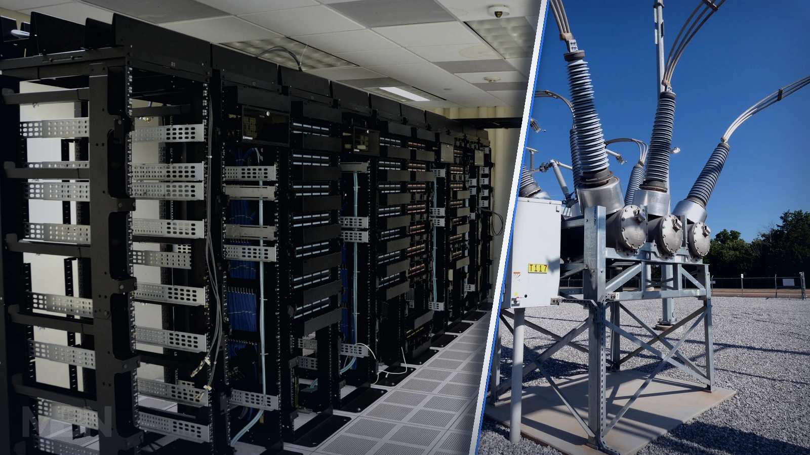 Editorial composite showing data-centre server racks beside Oklahoma substation equipment under a blue sky.