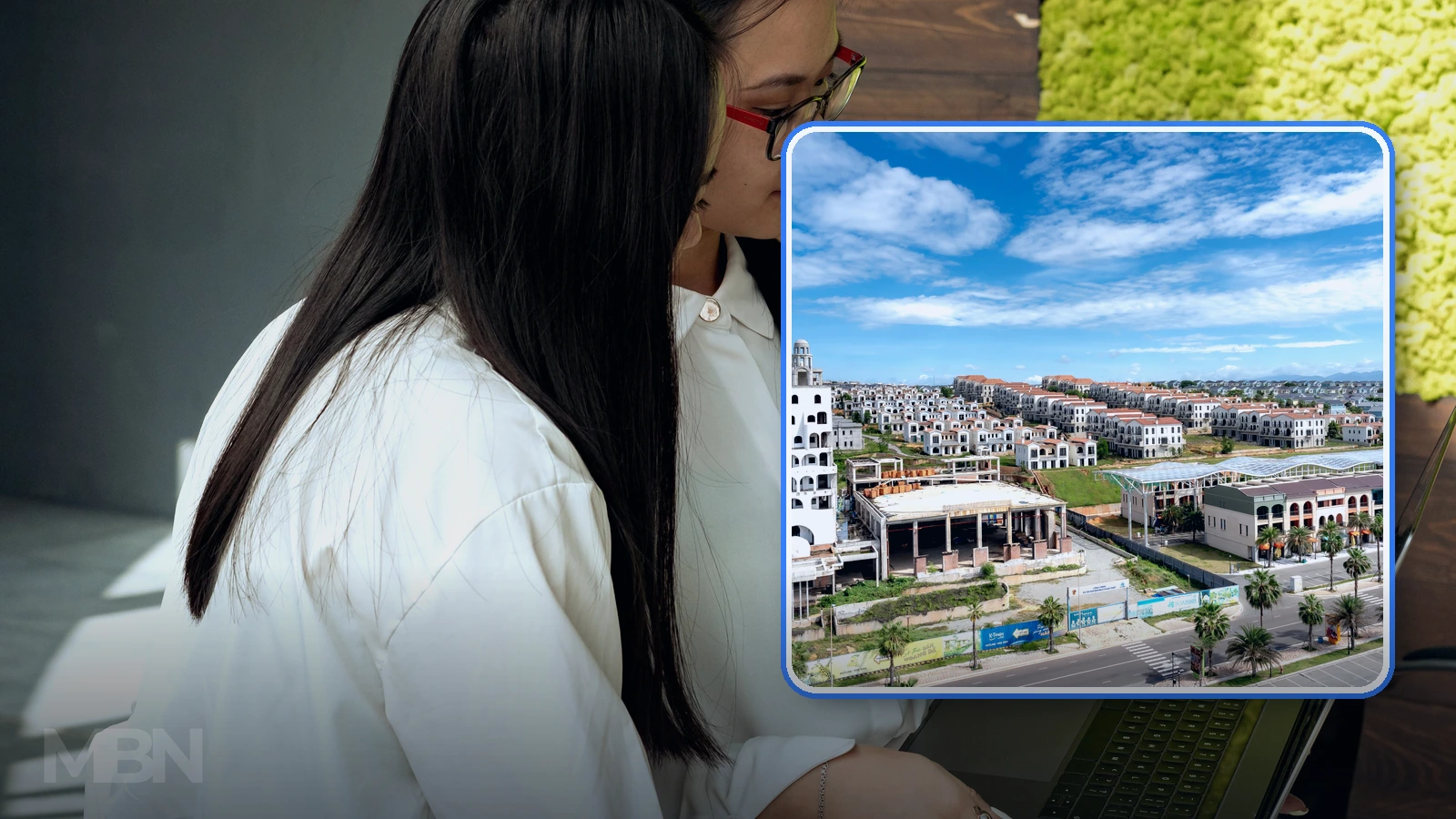 ditorial composite of two people reviewing architectural plans beside an aerial view of a residential development under construction.