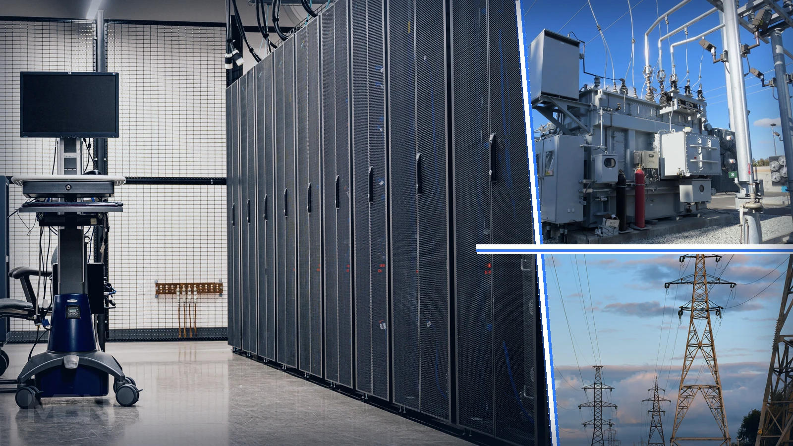 Editorial composite showing data-center server racks beside a substation transformer and transmission towers, divided into clearly separate photographic panels.