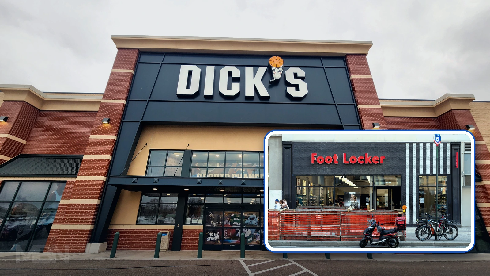 Editorial composite of a DICK’S Sporting Goods exterior with a separately framed Foot Locker storefront inset.