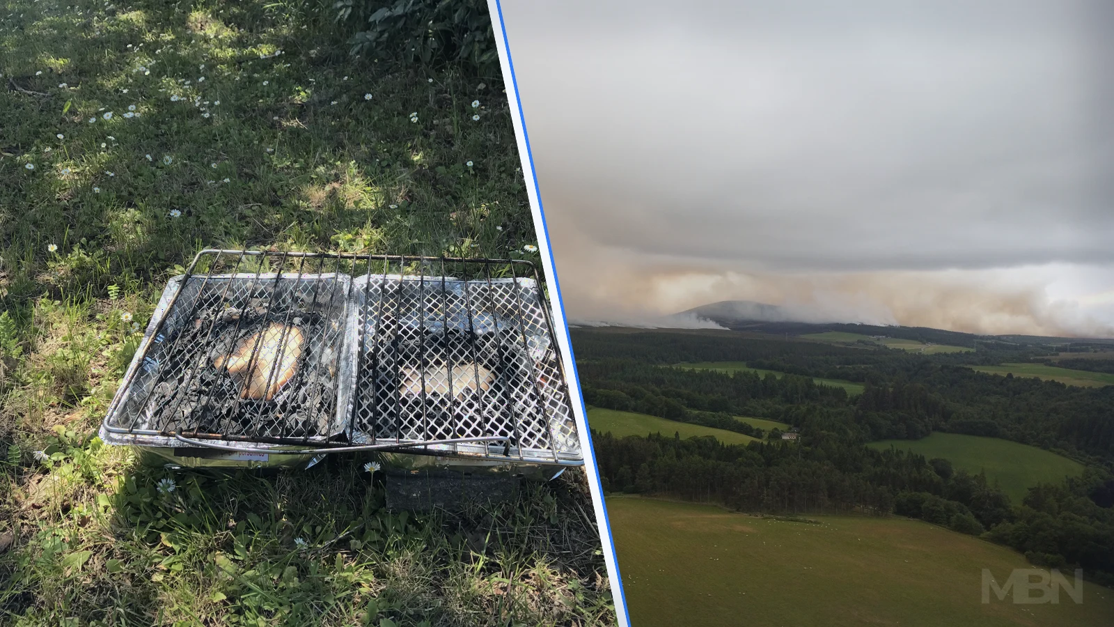 Split editorial image showing a disposable charcoal barbecue on grass and a plume of wildfire smoke over the Scottish countryside