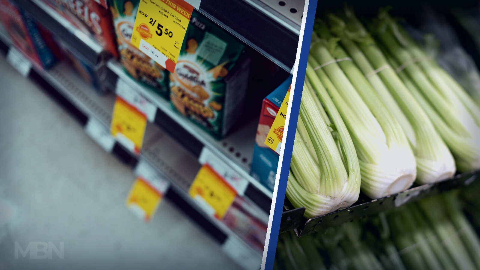 ditorial composite of packaged snack shelves beside a clearly separated panel of fresh celery and leafy greens