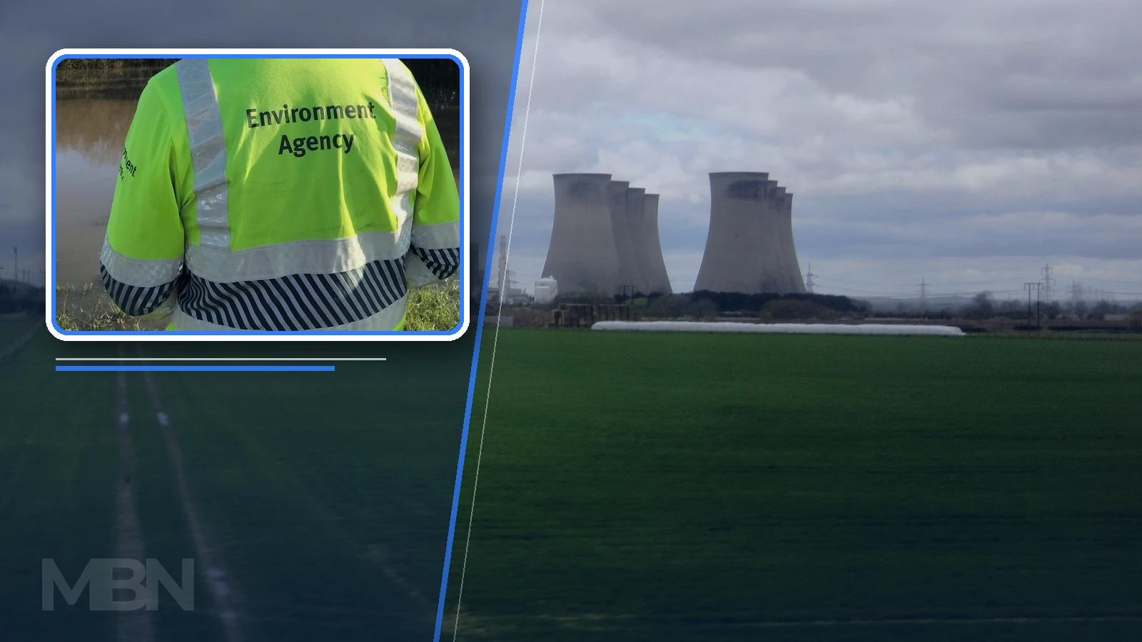 Editorial composite showing Drax Power Station cooling towers beside an inset photograph of an Environment Agency officer in a high-visibility jacket.