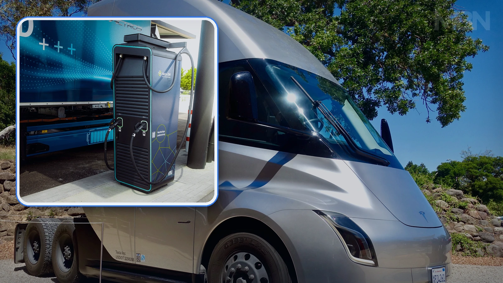 Editorial composite showing a Tesla Semi beside a separately framed electric heavy-truck charging station with a blue vehicle behind it.