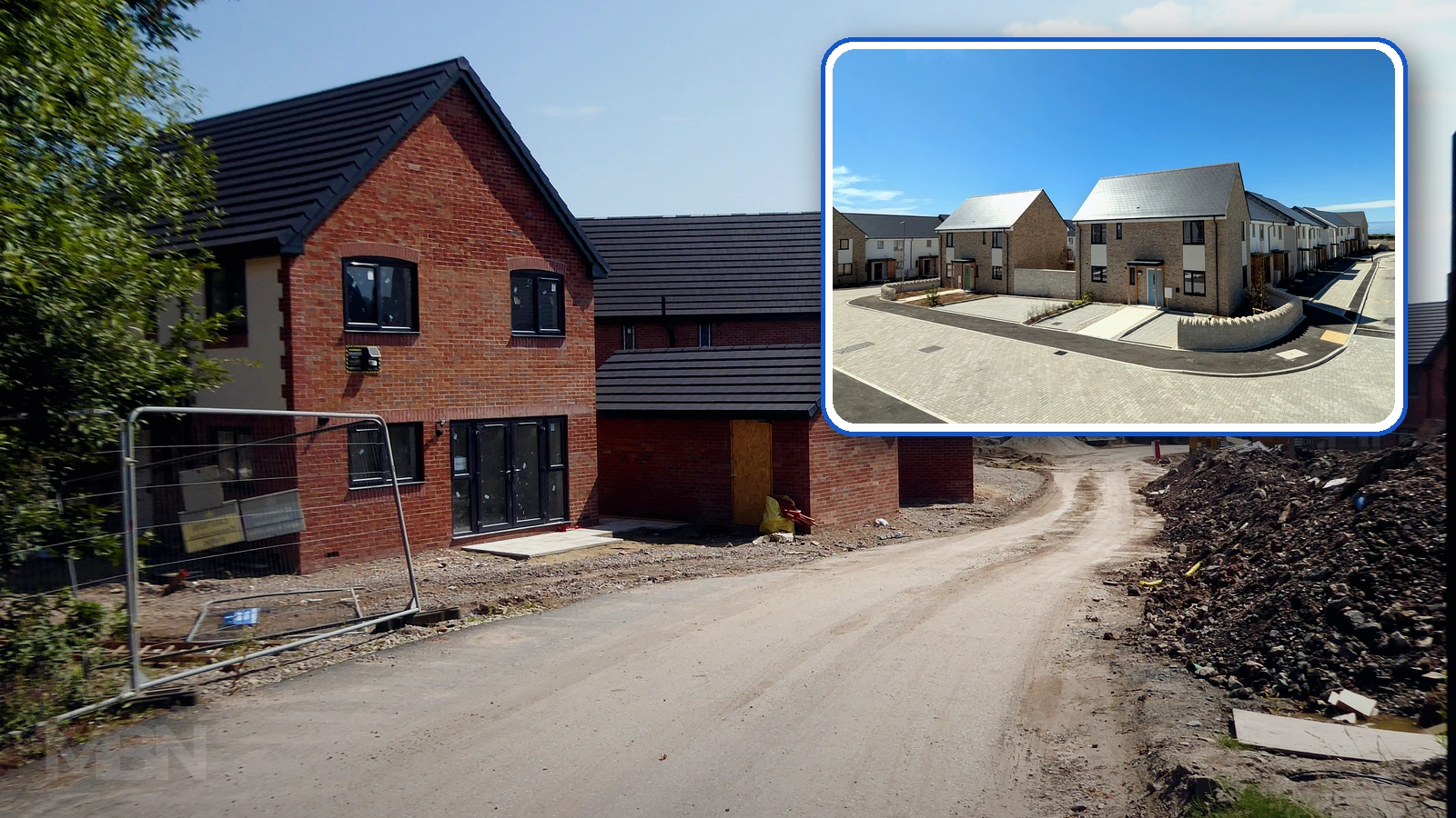 Editorial composite of new homes under construction in Wigan with a framed view of an affordable housing development in Dorset.