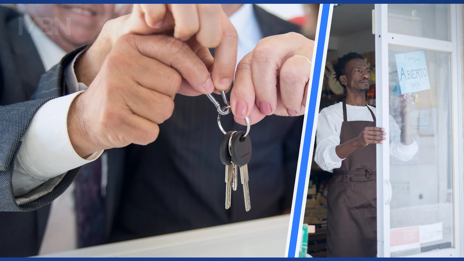 ditorial composite showing people exchanging keys beside a shopkeeper opening a neighborhood grocery store, separated by blue and white angled panels.