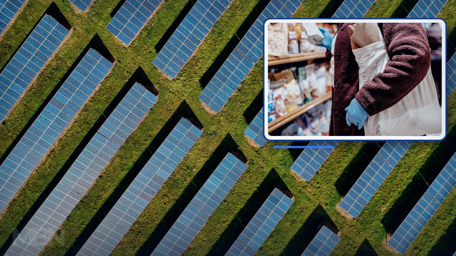 Editorial composite of solar panels on green fields with an inset showing an anonymous shopper carrying a reusable bag.