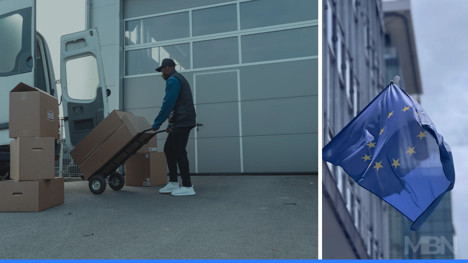 Editorial composite of a courier moving cardboard parcels beside a delivery van and an EU flag outside a modern building.