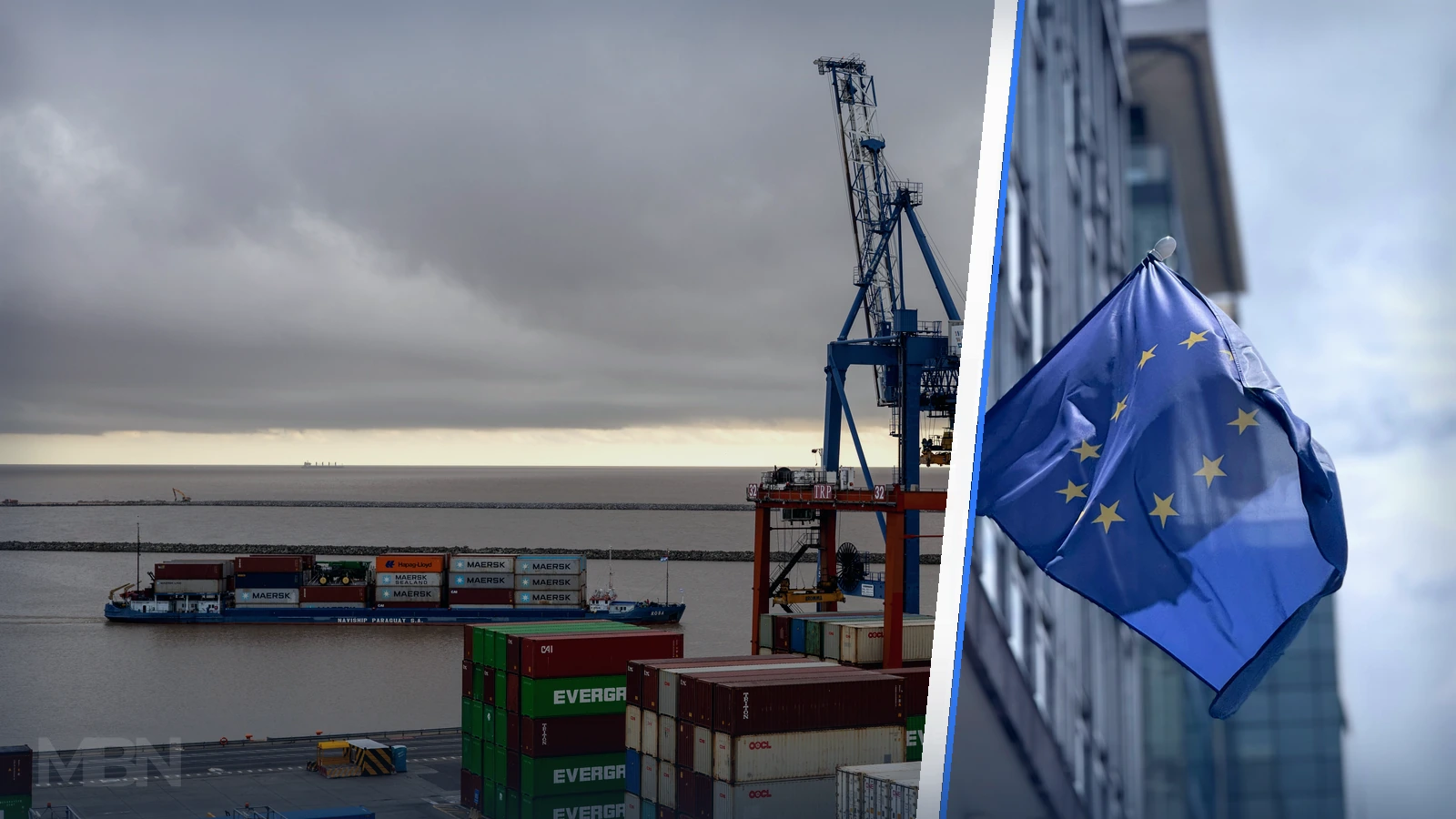 Editorial composite of a container port with cargo cranes beside a separate panel showing European Union flags in Brussels.