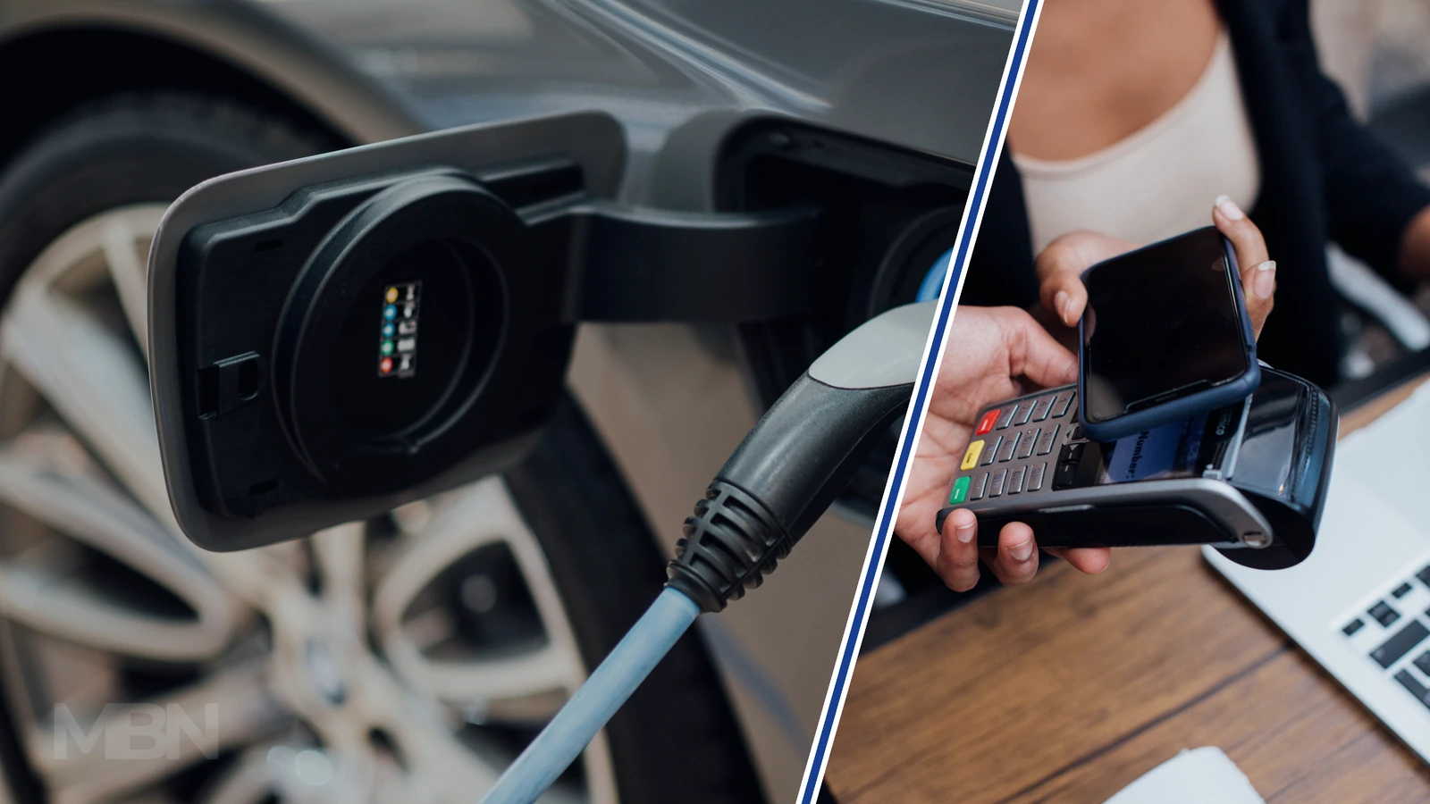Editorial composite of an electric vehicle charging port beside hands making a contactless payment at a card terminal.