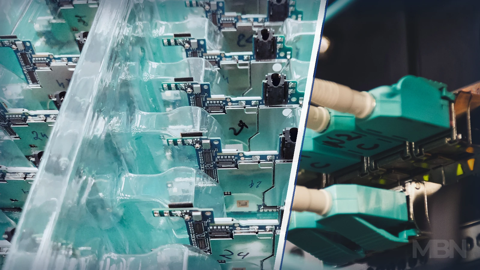 Editorial composite of electronic components in production trays and fibre-optic network cables, separated by a diagonal white and blue divider.
