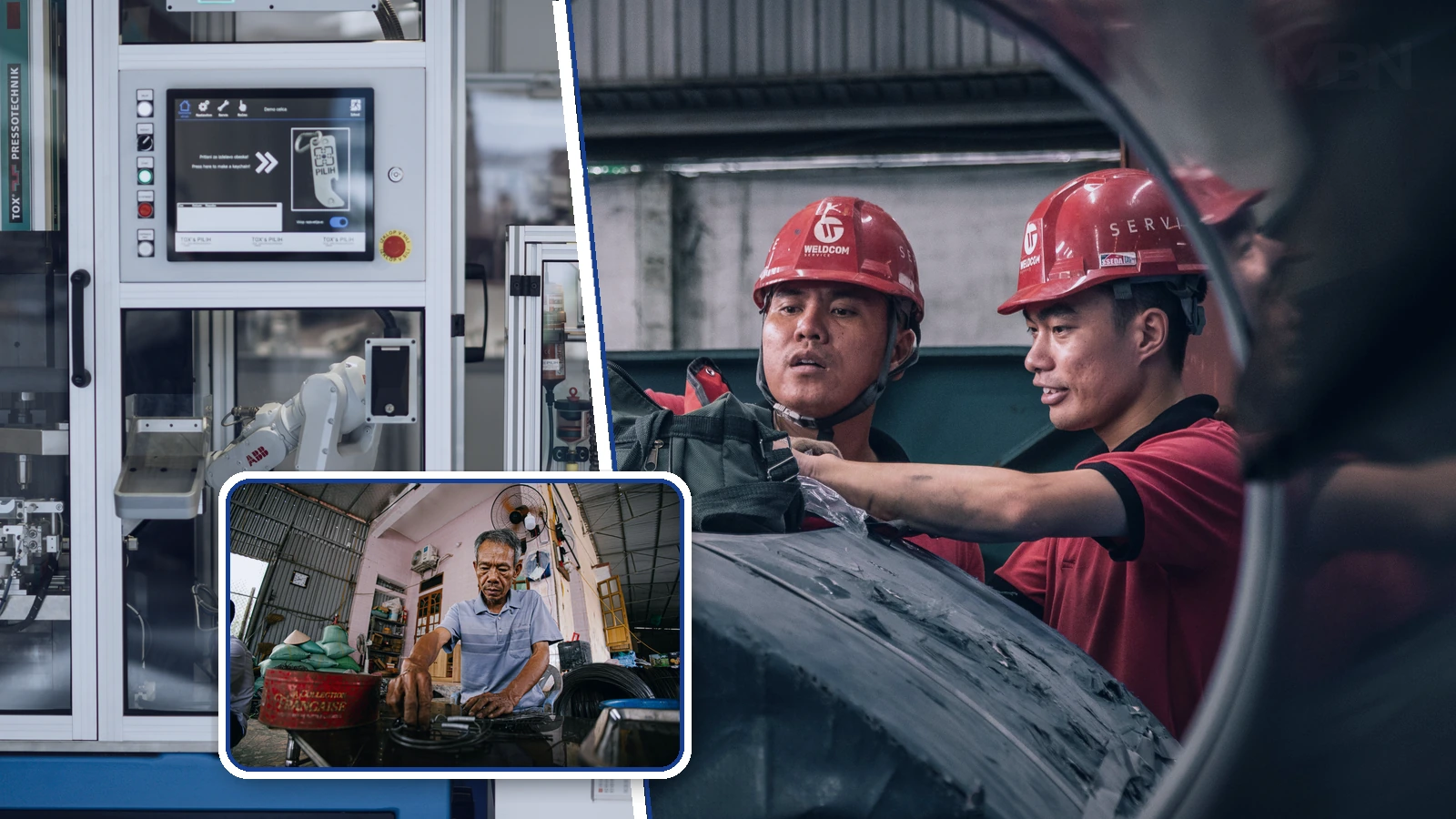 Editorial composite showing younger factory workers, an older workshop employee and a robotic production system in three clearly separated photographic layers.