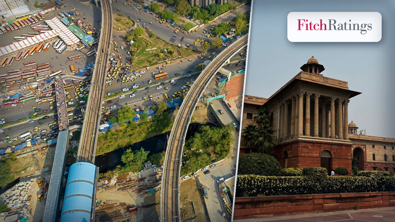 Editorial composite showing transport and construction infrastructure in Bengaluru beside a central government building in New Delhi, with the Fitch Ratings logo.
