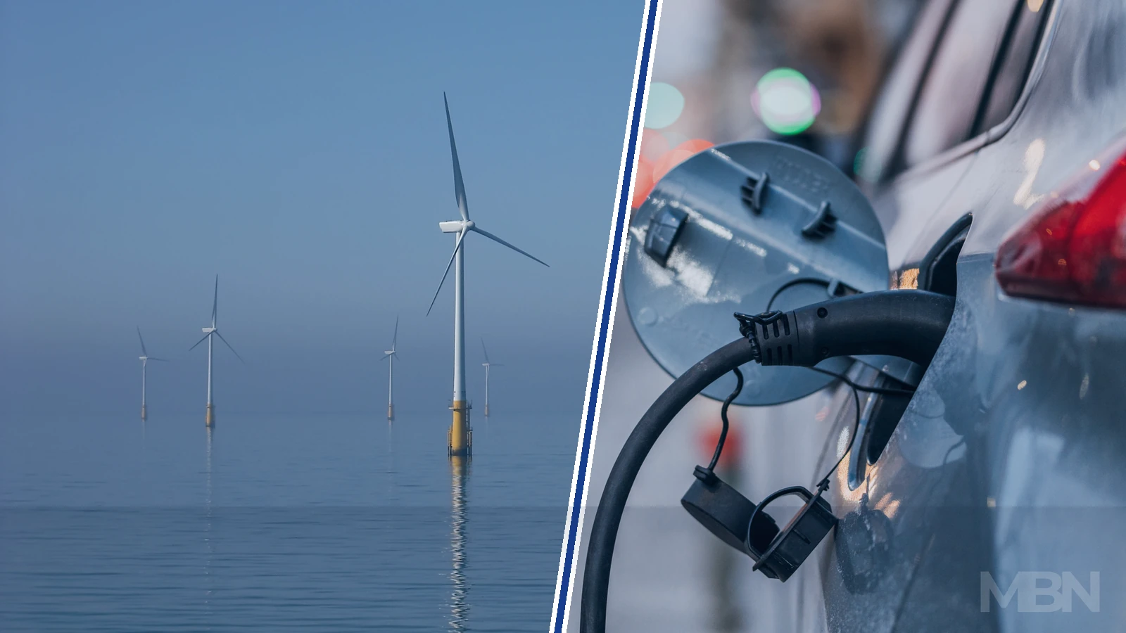Editorial composite showing offshore wind turbines beside an electric car connected to a charging cable, divided by blue and white lines.