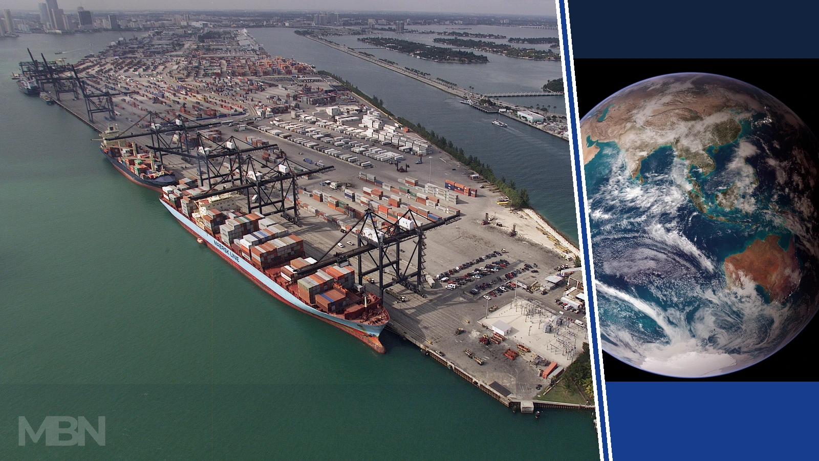 Editorial composite showing container ships and cranes at PortMiami beside a NASA view of Earth centred on Asia and the Indian Ocean