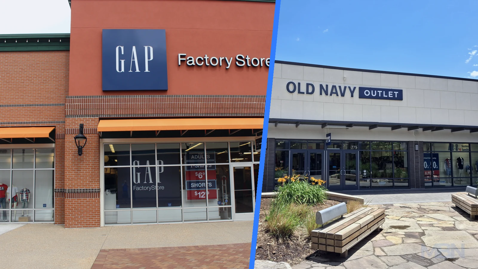 Editorial composite showing a Gap Factory Store in Georgia beside an Old Navy Outlet in Colorado, separated by an MBN-blue divider.