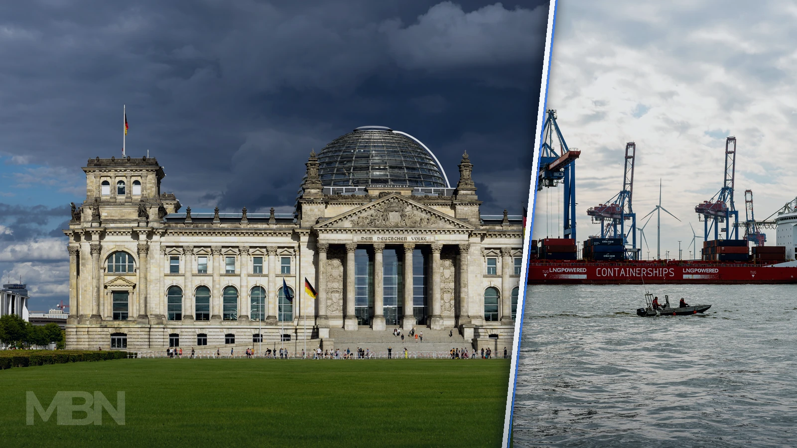 Editorial composite showing Germany’s Reichstag building beside a separated view of container cranes and a cargo ship at the Port of Hamburg.