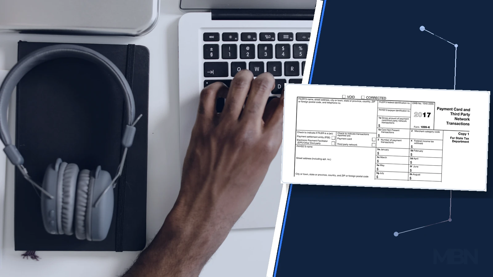 Editorial composite of hands typing on a laptop beside a blank 2017 Form 1099-K on a dark blue panel