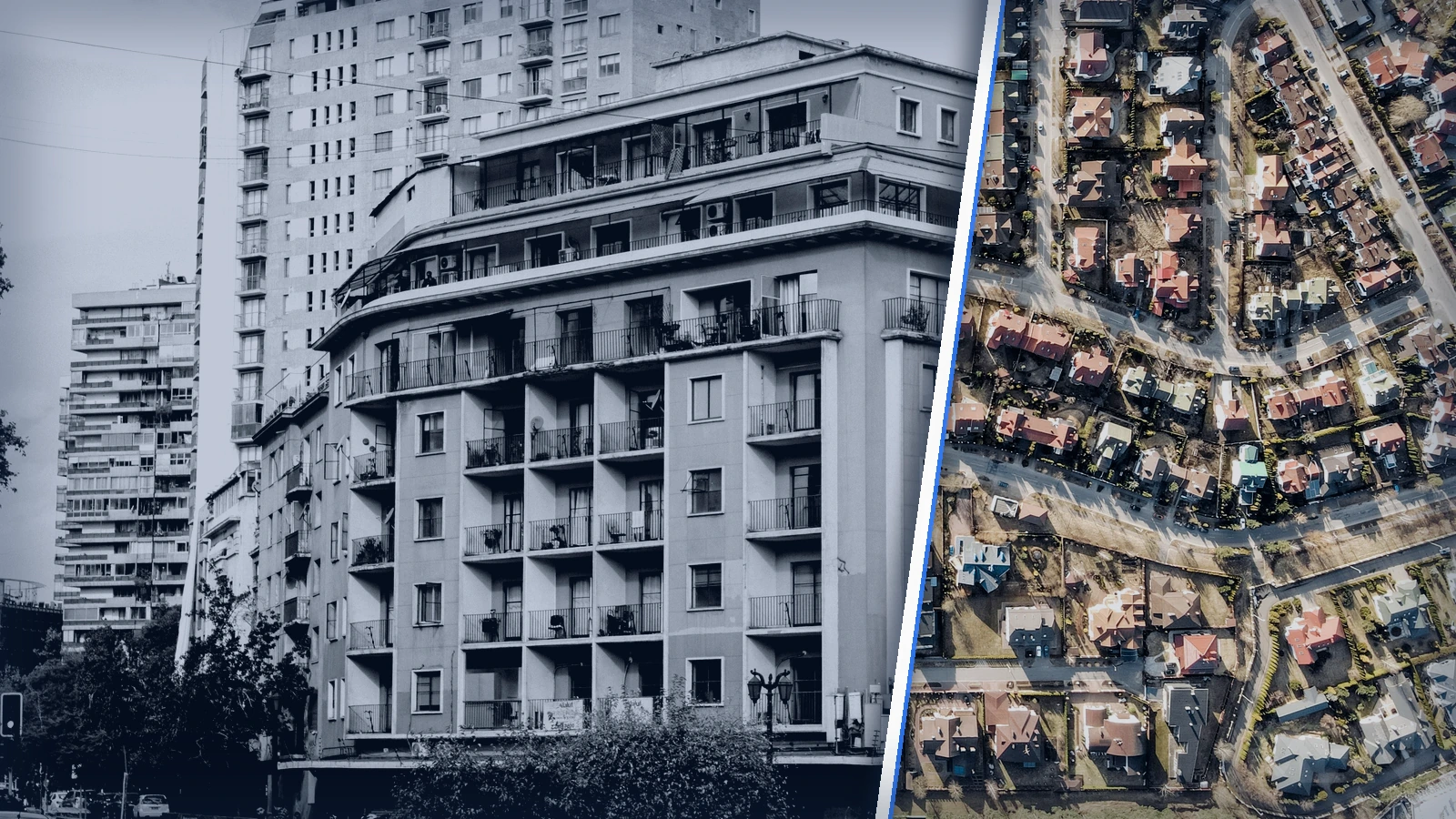 Editorial composite of urban apartment buildings and an aerial suburban neighbourhood, separated by a blue and white diagonal divider.