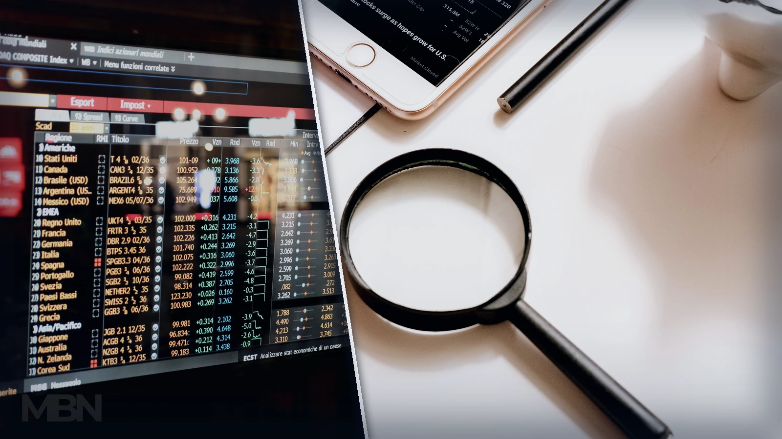 Editorial montage of a magnifying glass beneath part of a smartphone displaying a stock chart, beside a separate financial market screen.