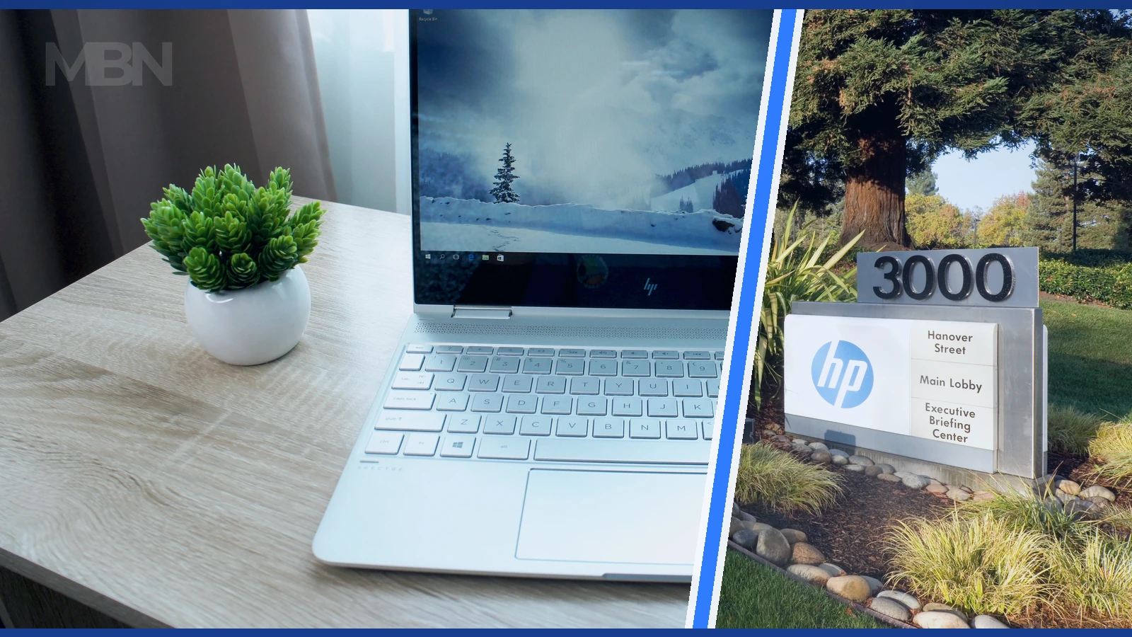 Editorial composite showing an open HP laptop beside the company’s Palo Alto headquarters, separated by angled blue and white panels.