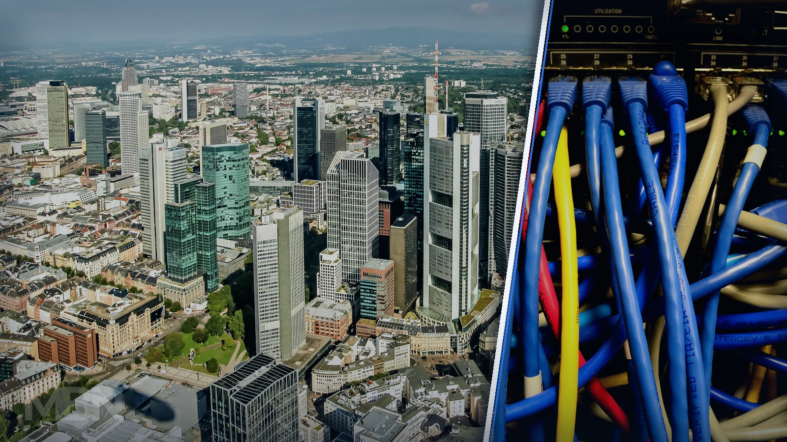 Editorial composite showing Frankfurt’s financial district beside a separated close-up of Ethernet cables connected to a network switch.