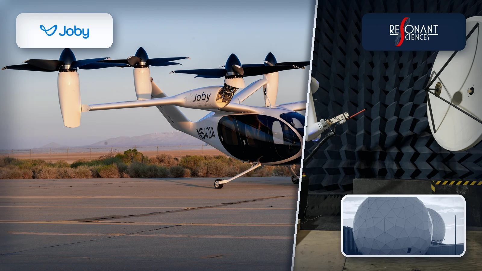 Composite showing a Joby S4 aircraft beside antenna-testing equipment in an anechoic chamber, with a radome inset and company logos.