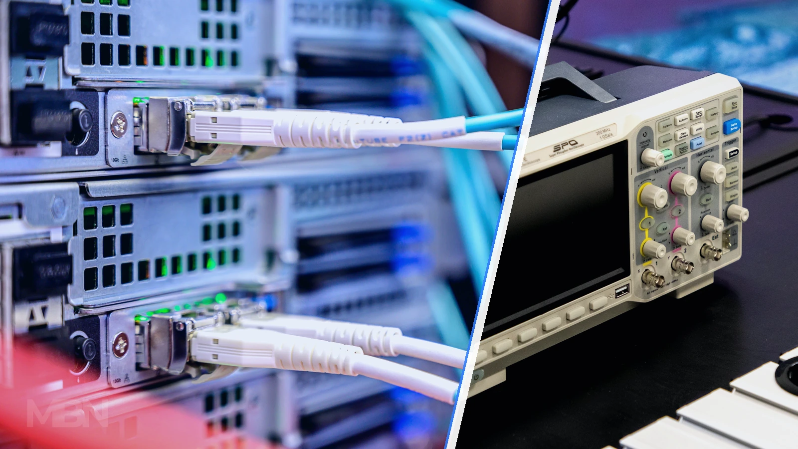 Editorial composite of connected network cables and an oscilloscope on an electronics workbench