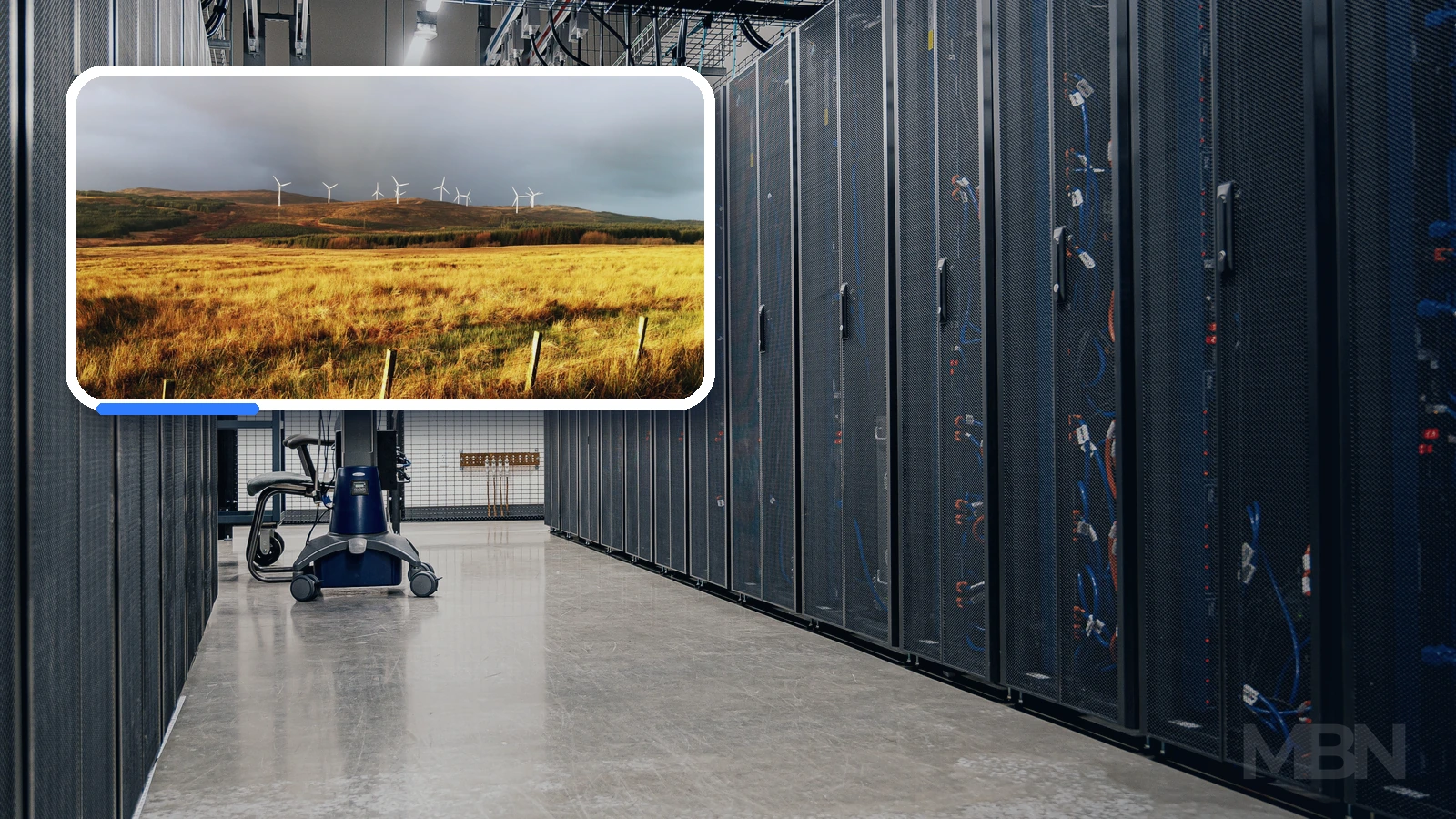 Editorial composite of a representative data-centre corridor and wind turbines in rural Scotland, shown in visibly separated photographic panels.