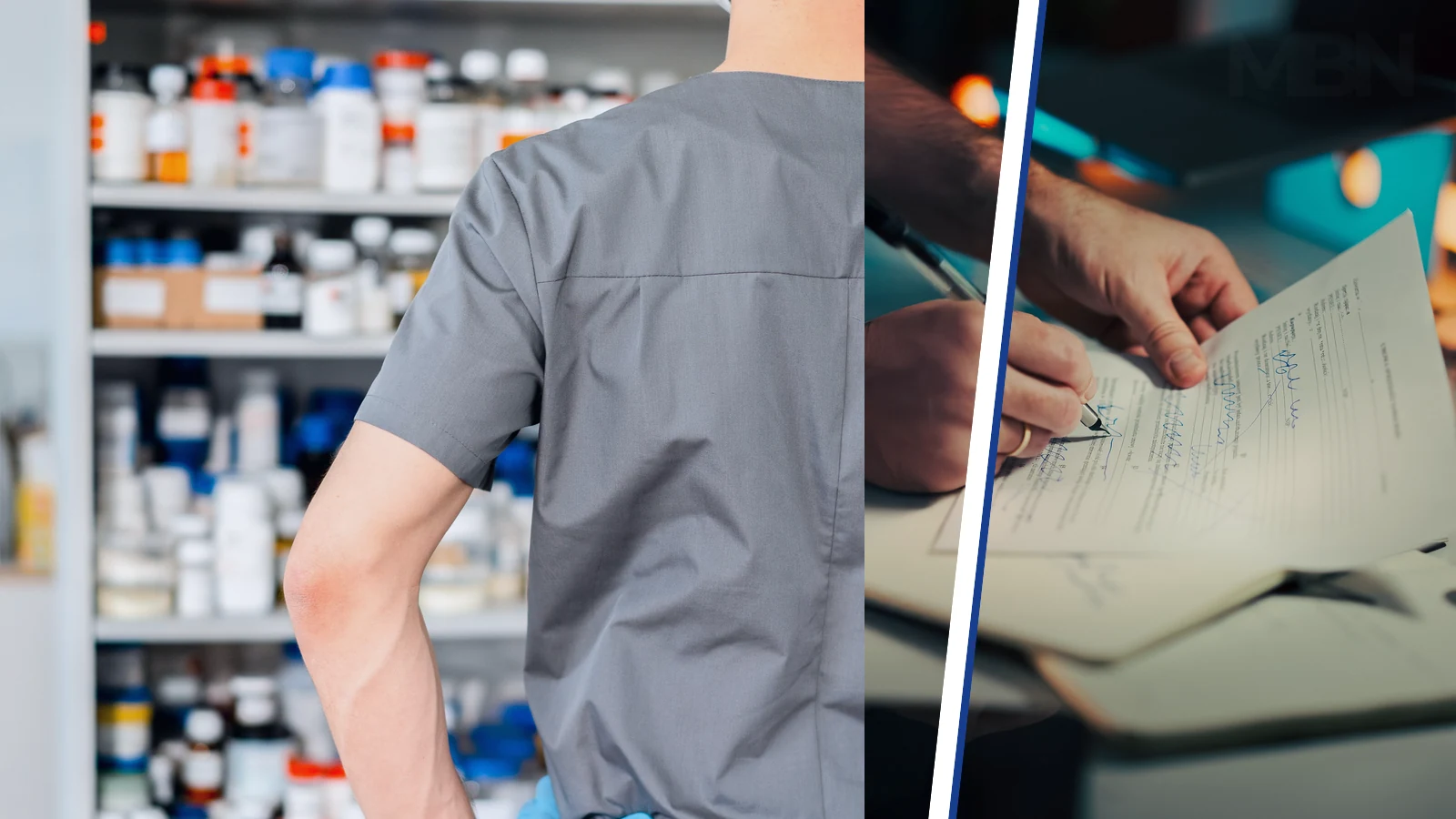 Editorial composite showing a pharmacy worker facing medicine shelves beside a close-up of hands signing a contract.
