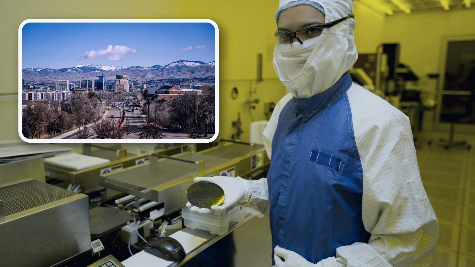 Editorial composite showing a cleanroom researcher holding a silicon wafer beside an inset view of Boise, Idaho.
