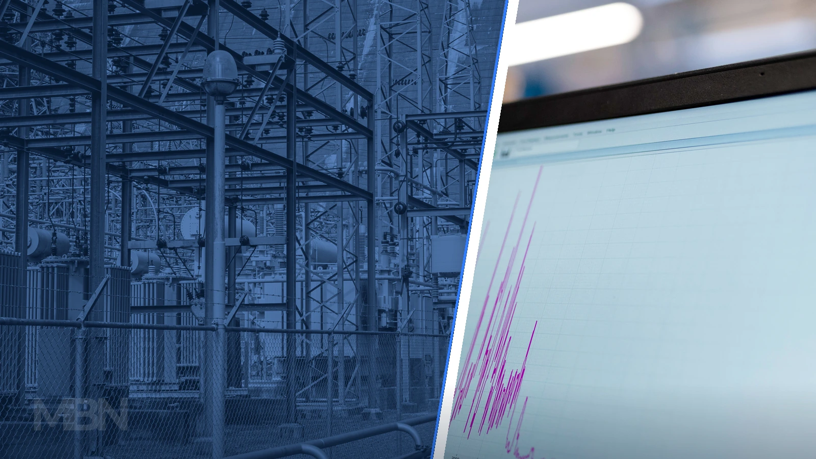Editorial composite showing electrical substation equipment beside a separate computer screen displaying a generic line graph