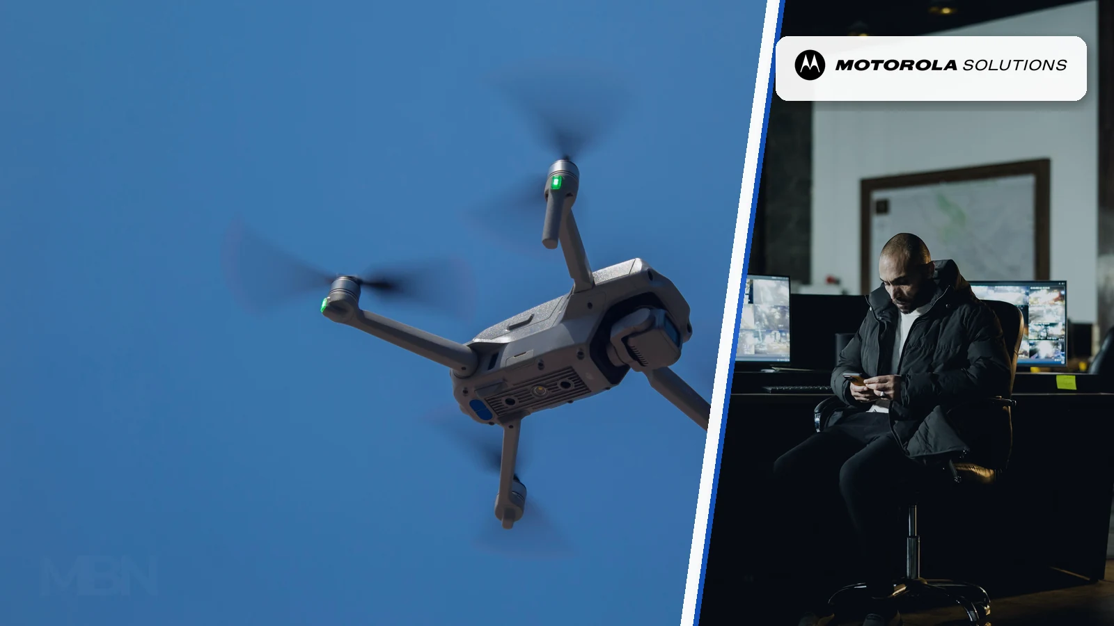 Editorial composite of a quadcopter in flight beside a security operator monitoring screens, with the Motorola Solutions logo.