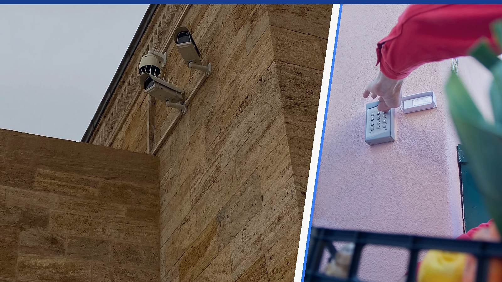 Editorial composite of surveillance cameras on a stone building beside a hand entering a code on an outdoor security keypad.