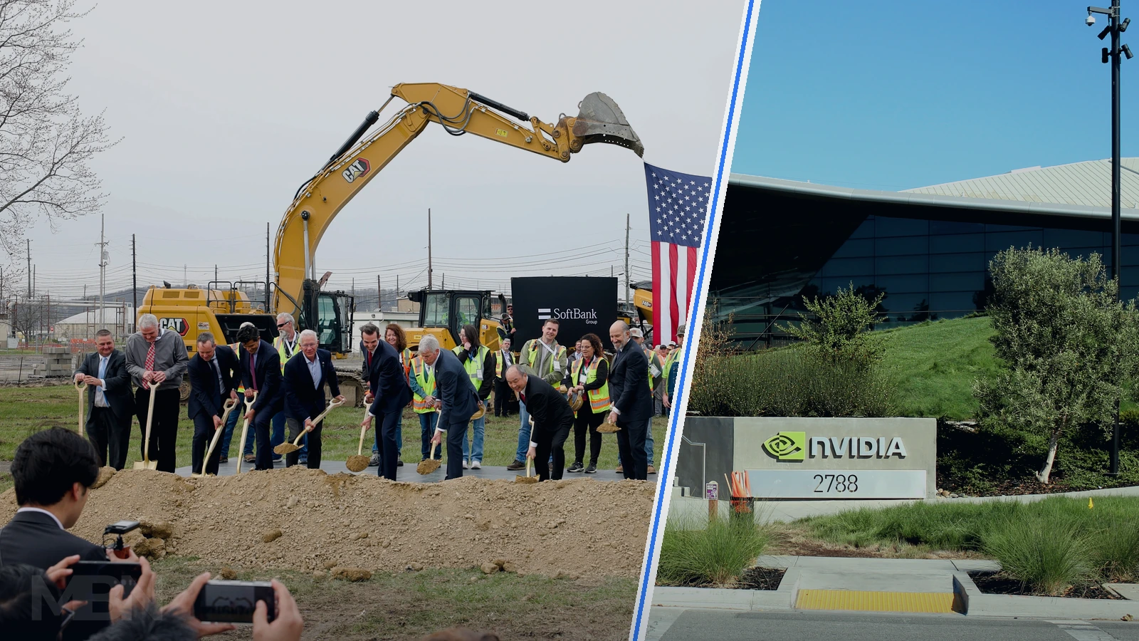 Editorial composite showing the Portsmouth project groundbreaking in Ohio beside Nvidia’s headquarters and company sign in California.