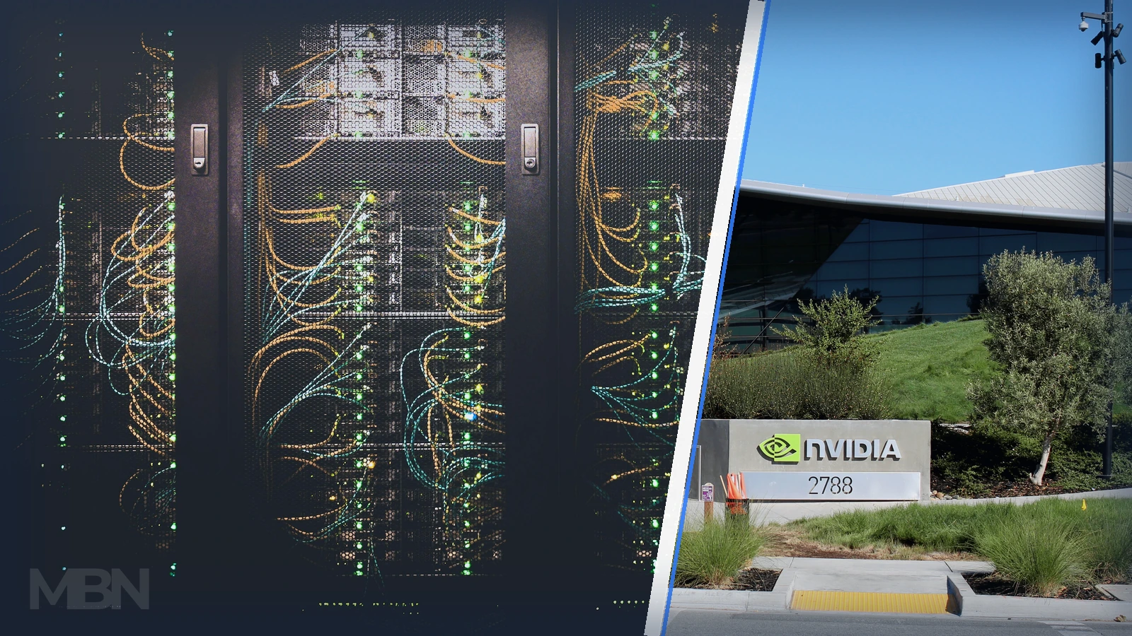 Editorial composite of illuminated server racks and Nvidia’s Santa Clara headquarters with the company sign visible in a separate panel.