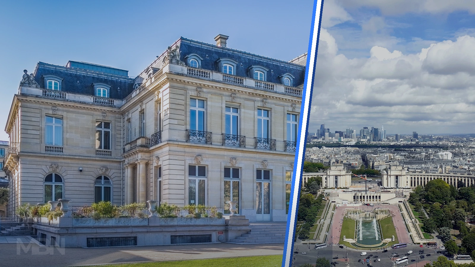 Editorial composite showing the OECD headquarters in Paris beside a panoramic view of the La Défense business district.