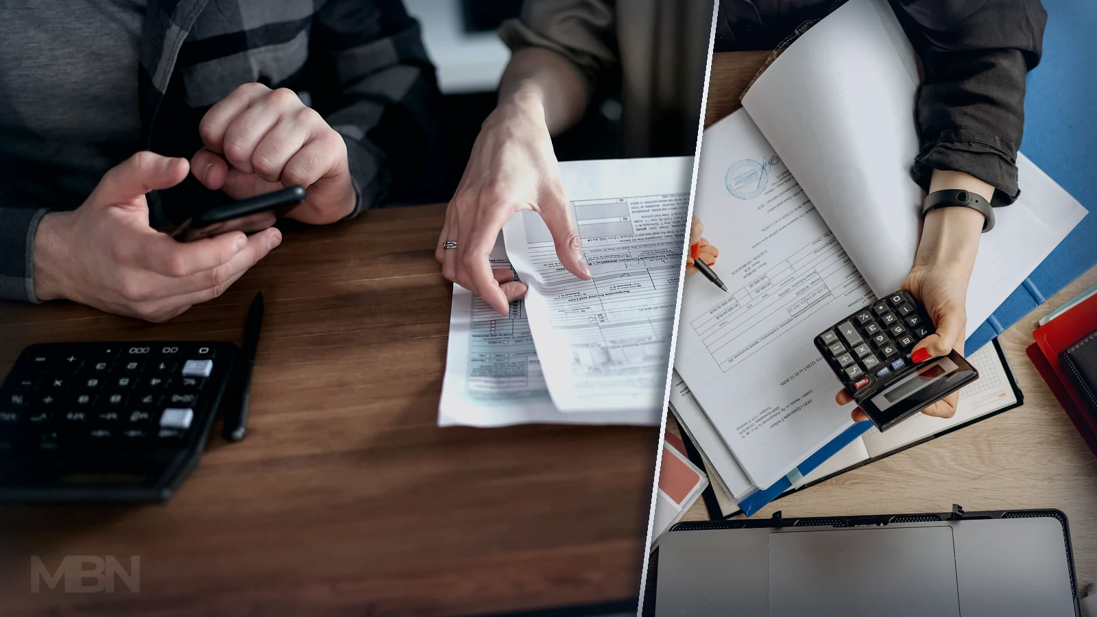 Two people compare financial paperwork beside a calculator and phone, with an overhead view of documents and another calculator in a separate panel.