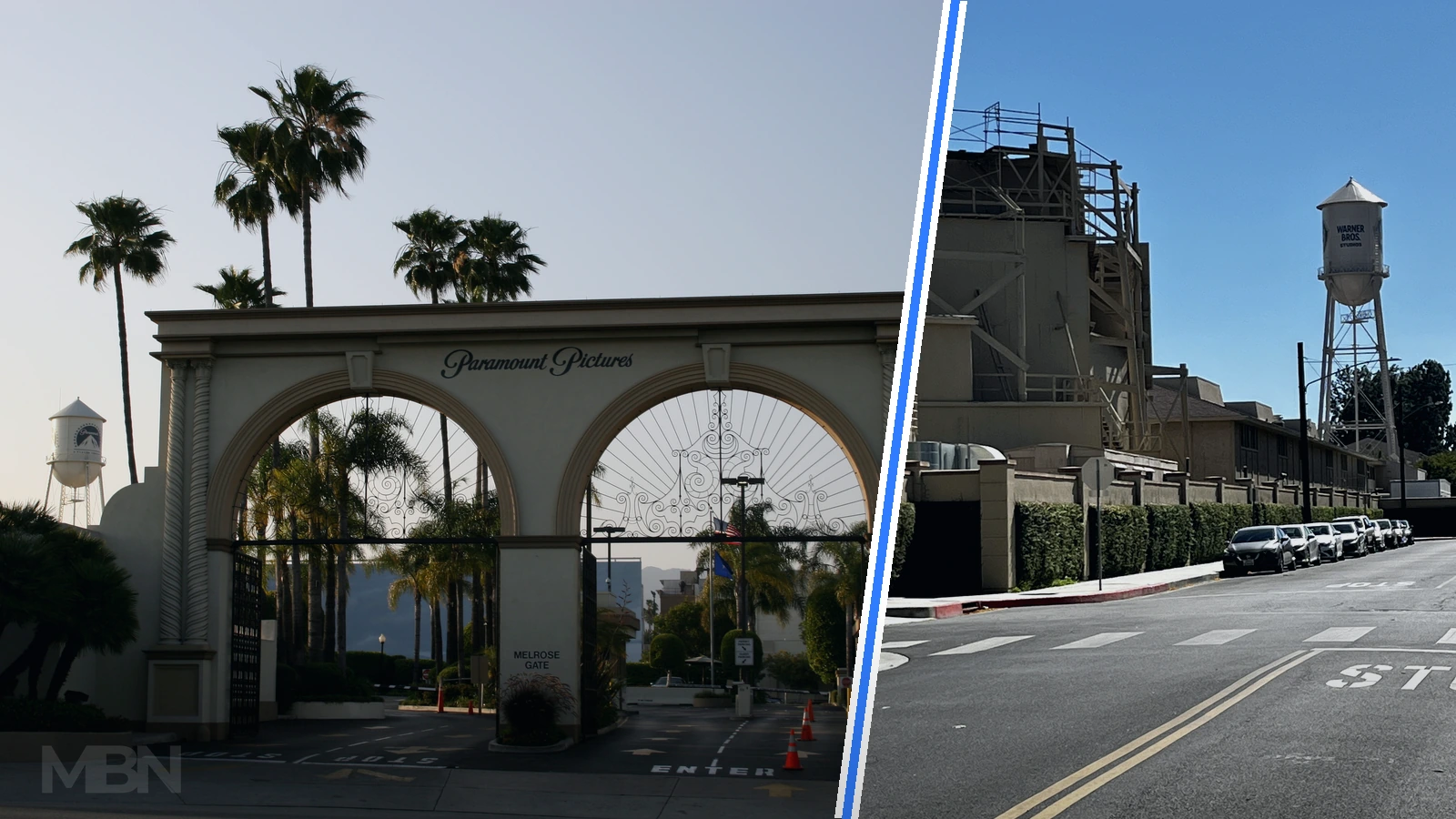 Editorial composite of Paramount Pictures’ Melrose Gate and the Warner Bros. studio water tower, divided by a blue and white diagonal.
