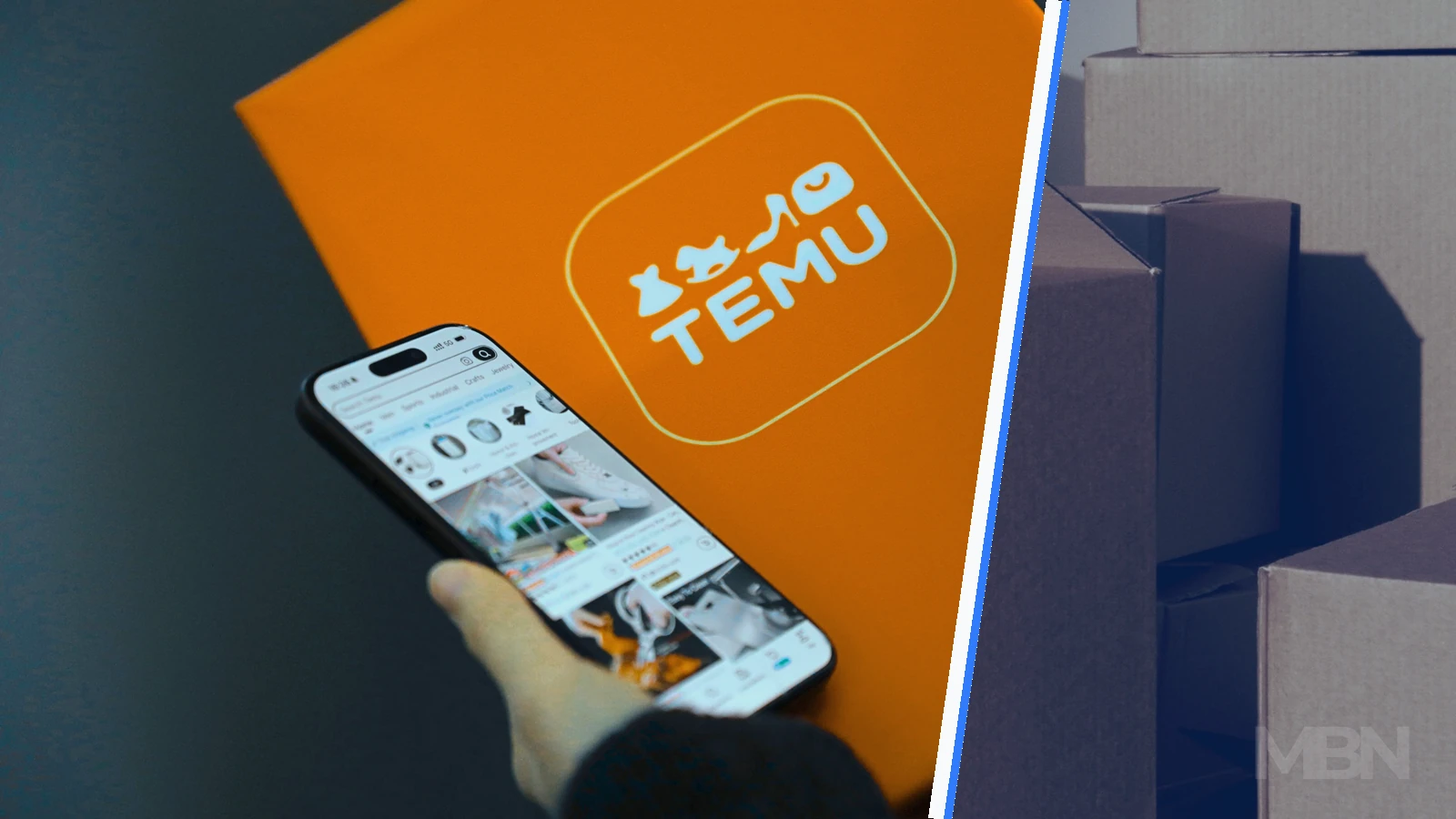 Editorial composite of a Temu package and shopping app beside a separate panel of stacked cardboard shipping boxes.