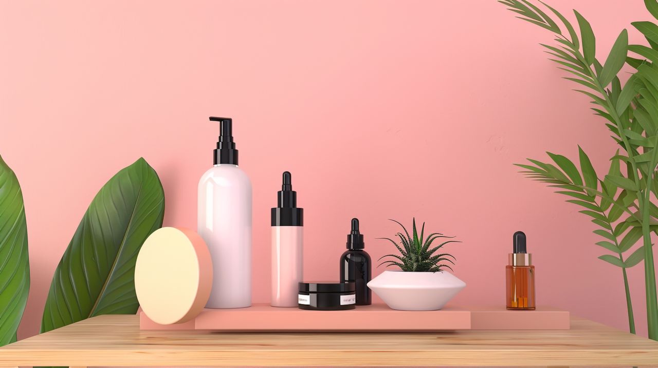 arrangement of spa and beauty products on wooden surface with pink background