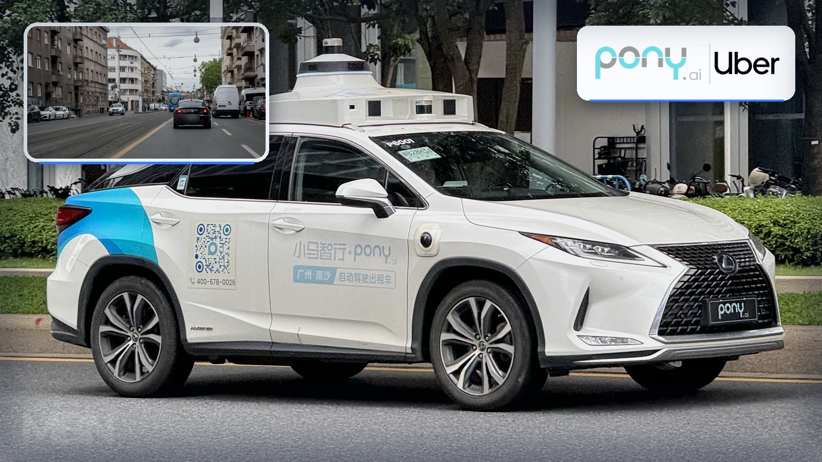 Editorial composite showing a Pony.ai robotaxi beside a separate view of traffic in Zagreb, with Pony.ai and Uber logos.
