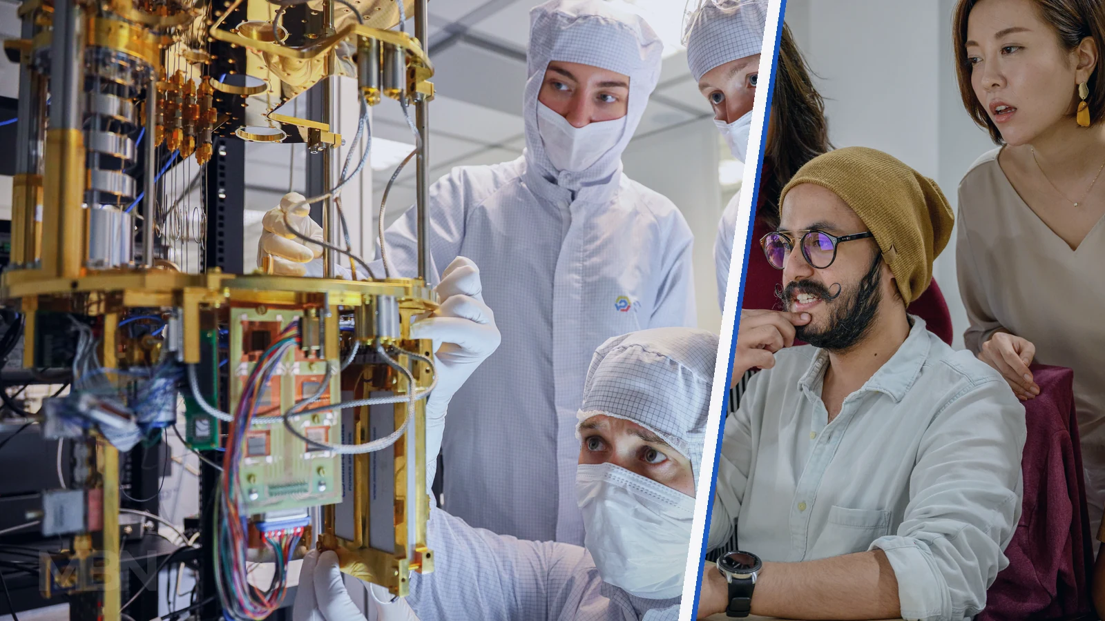 Editorial composite of engineers working on quantum-computing equipment beside a business team gathered around a computer.