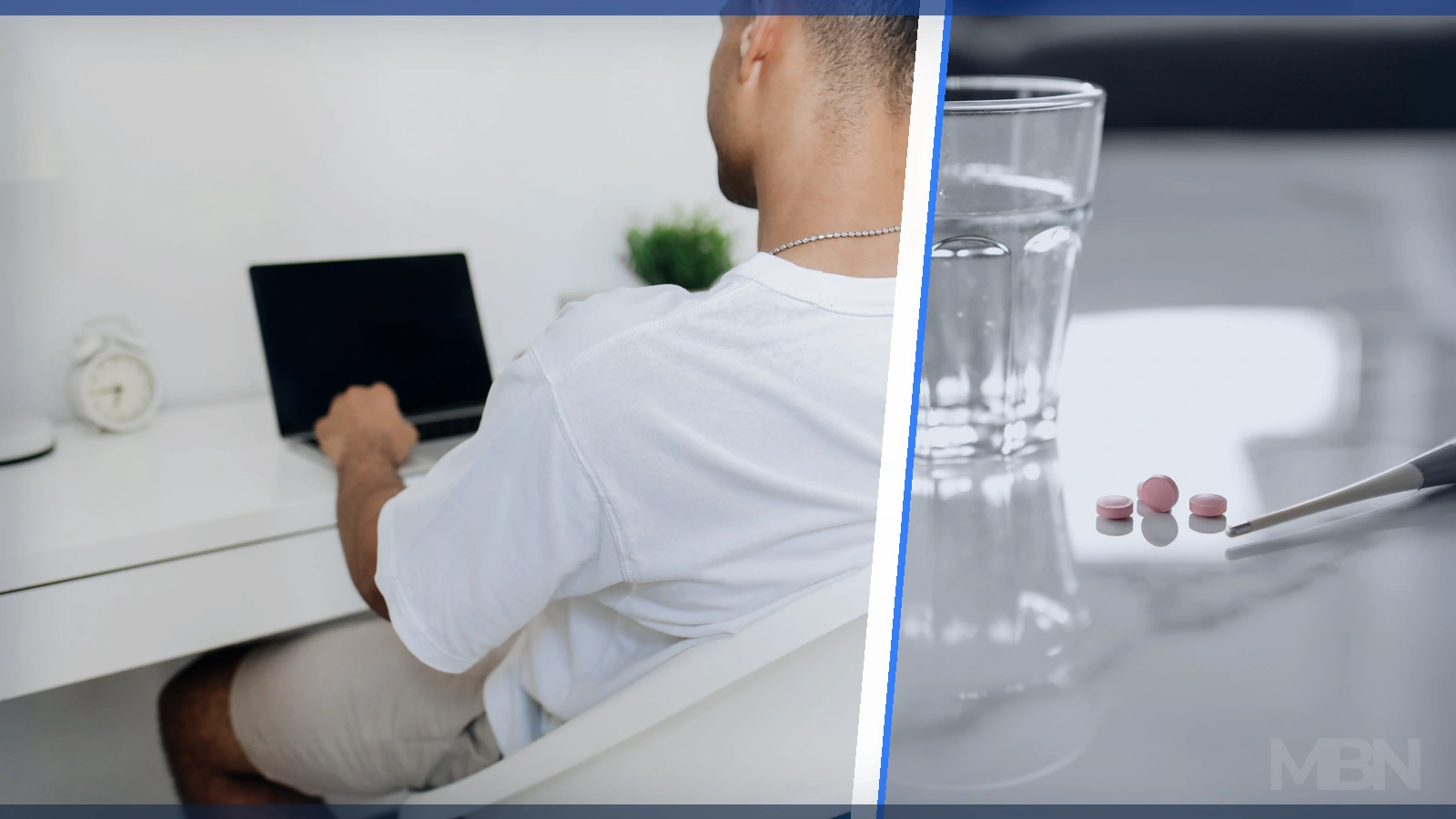 Editorial composite showing a remote worker from behind beside a digital thermometer, three tablets and a glass of water.