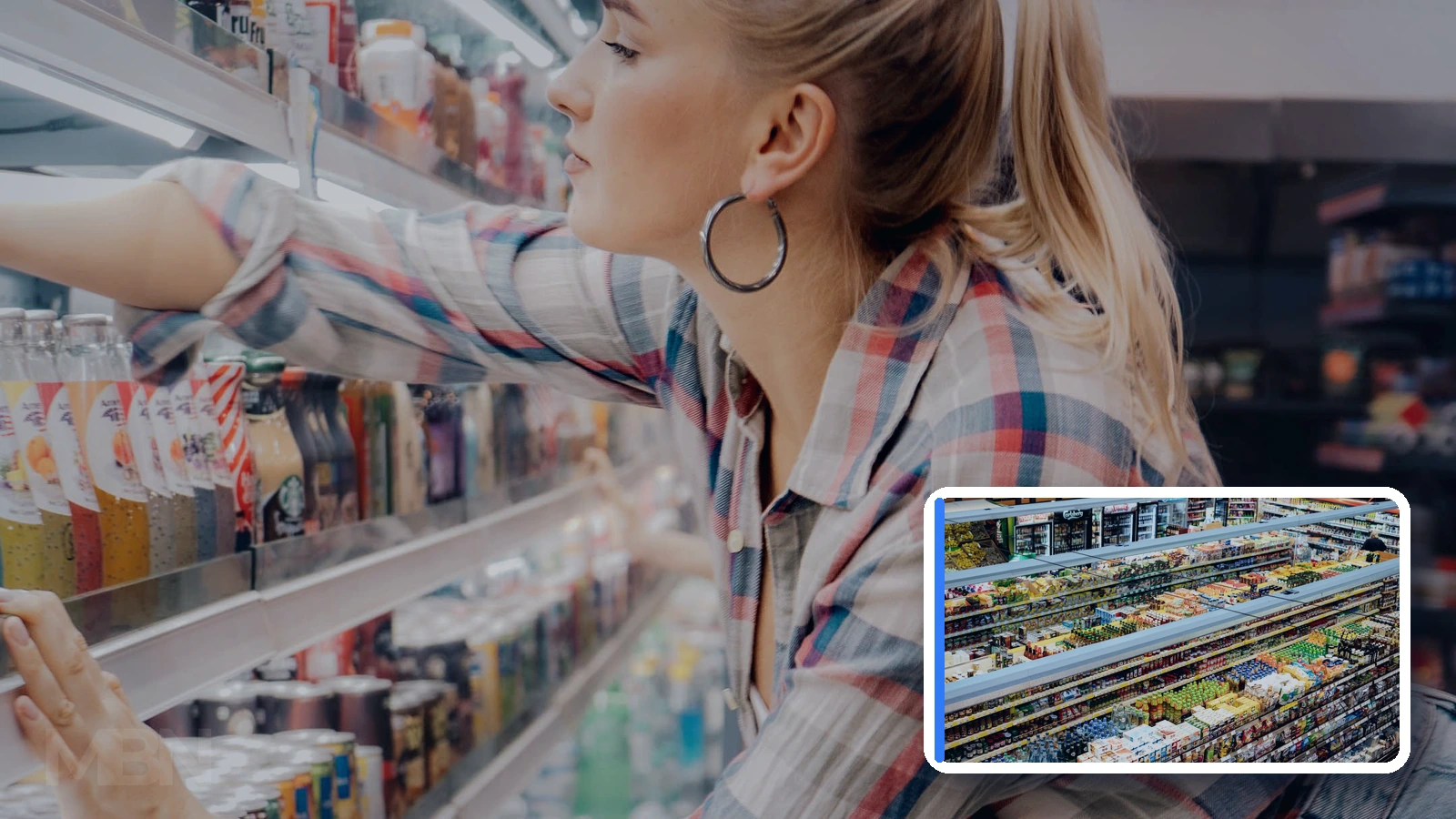 Editorial composite showing a shopper reaching towards a supermarket shelf beside a framed overhead view of a grocery store.