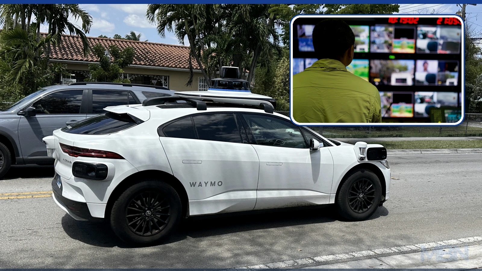 Editorial composite showing a Waymo autonomous car on a Miami street and an inset of a worker facing multiple monitors.