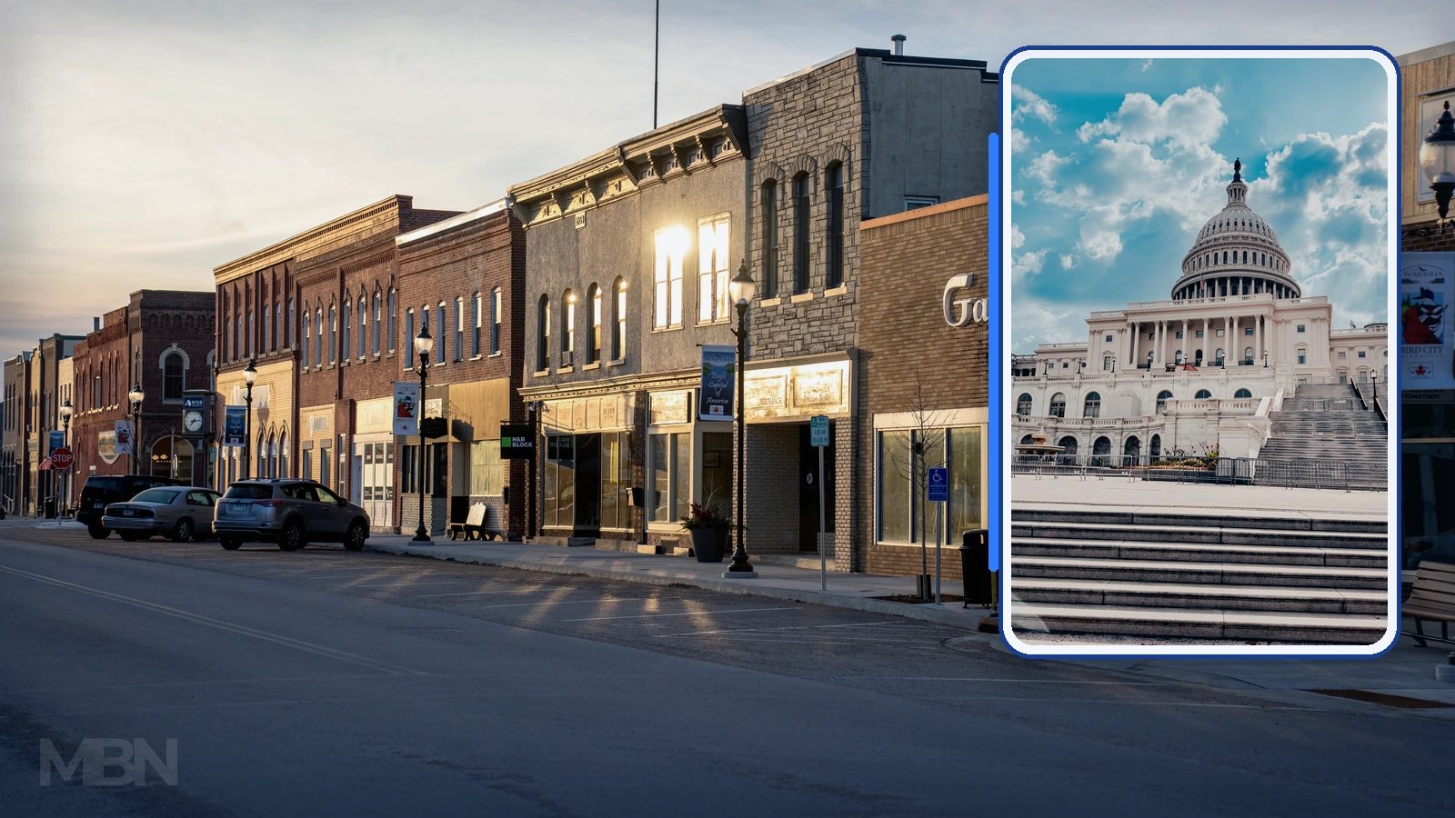 Editorial composite of historic US Main Street storefronts with the United States Capitol shown in a separate framed panel.